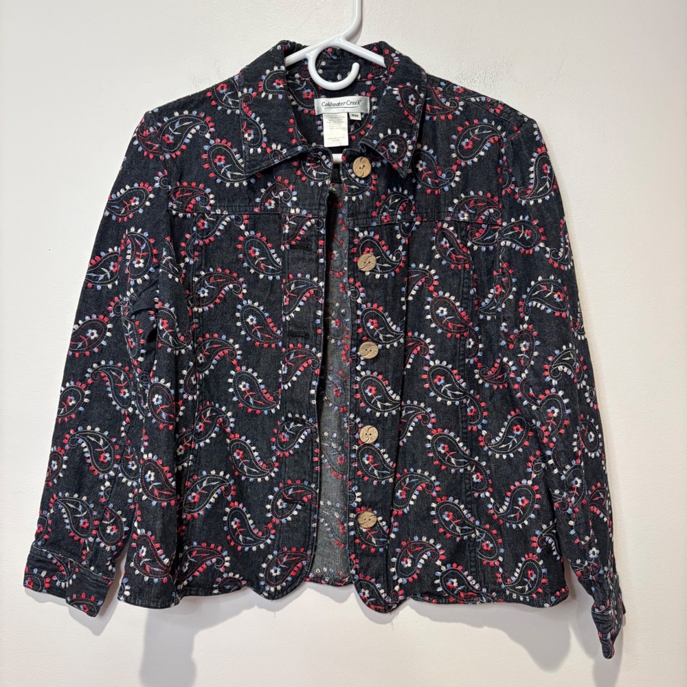 Coldwater Creek Black Embroidered Lightweight Denim Jacket Floral Petite Medium‎